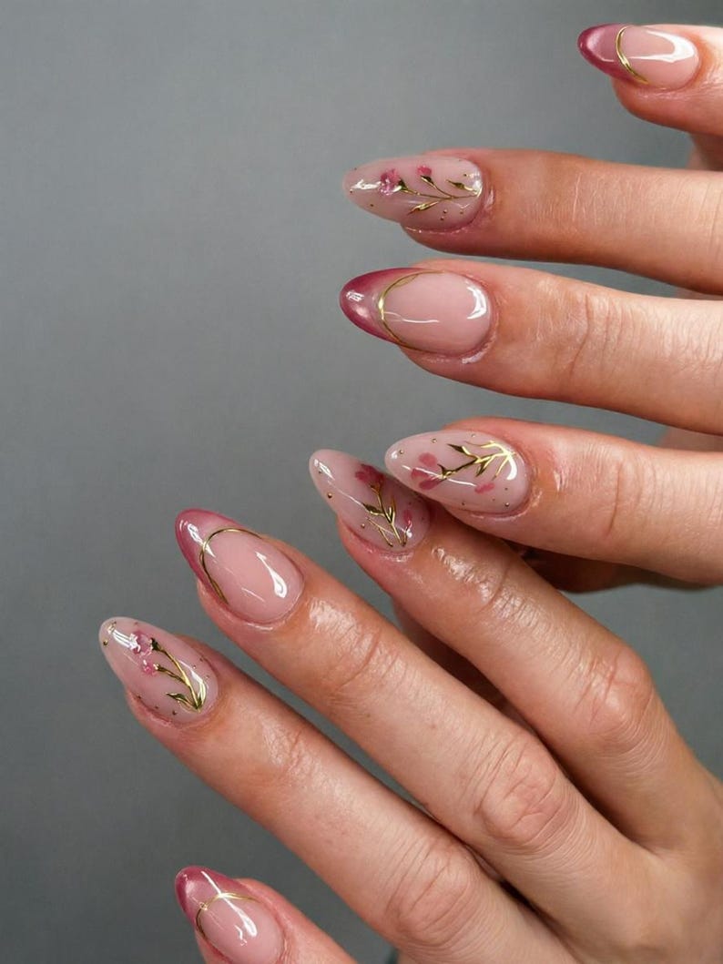 Custom Press on Nails Sheer Pink Floral Gold Branch Nails   Delicate Spring Style - Reusable Glue On Tips