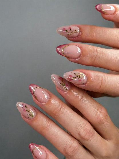 Custom Press on Nails Sheer Pink Floral Gold Branch Nails   Delicate Spring Style - Reusable Glue On Tips