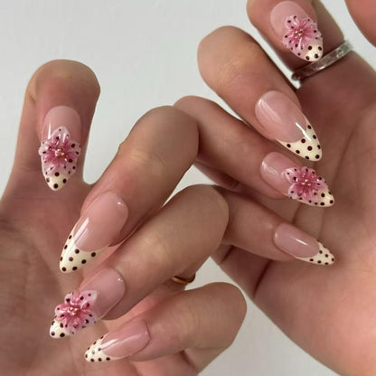 Handmade Polka Dots 3D flowers Press On Nails Flower Nails Pink Floral Nails  Almond nails
