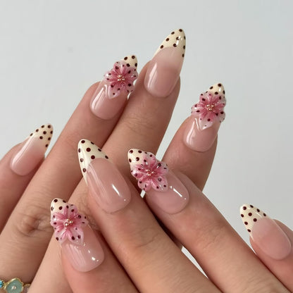 Handmade Polka Dots 3D flowers Press On Nails Flower Nails Pink Floral Nails  Almond nails