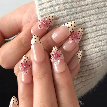 Handmade Polka Dots 3D flowers Press On Nails Flower Nails Pink Floral Nails  Almond nails