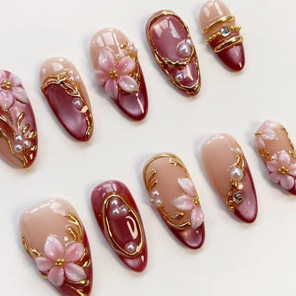 3D Pink Blooming Flower Nails/press on nails long almond nails/Elegant nails/Glitter Pink Cat Eye Nails/3D Gold chrome nails/Birthday nails