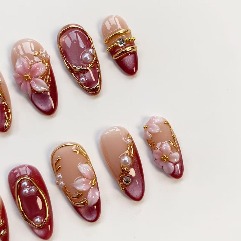 3D Pink Blooming Flower Nails/press on nails long almond nails/Elegant nails/Glitter Pink Cat Eye Nails/3D Gold chrome nails/Birthday nails