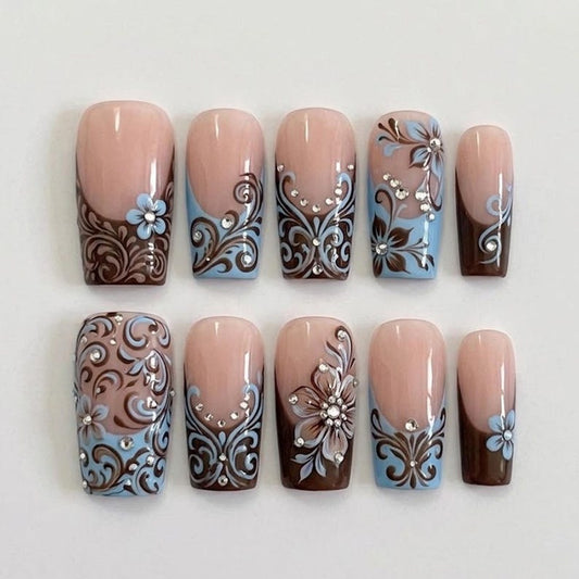 Handmade Press On Nails | Blue Floral French Art | Elegant Swirl & Rhinestone Set