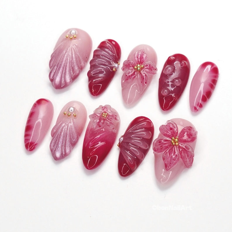 Pink Floral Glossy Press On Nails, 3d Flower Nails, Romantic Nail Art, Pearl Accent Nails, Cherry Blossom Vibe FRXW9