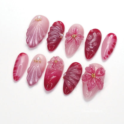 Pink Floral Glossy Press On Nails, 3d Flower Nails, Romantic Nail Art, Pearl Accent Nails, Cherry Blossom Vibe FRXW9