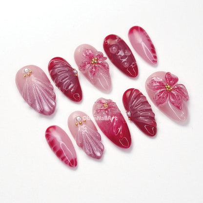 Pink Floral Glossy Press On Nails, 3d Flower Nails, Romantic Nail Art, Pearl Accent Nails, Cherry Blossom Vibe FRXW9