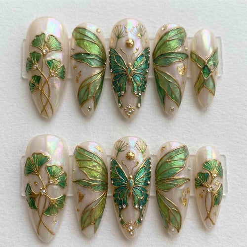 Handmade Pearl Butterfly Press On Nails | Green Ginkgo Leaf, Wing & Gold Foil Design | Long Almond Nails for Nature Fairy Aesthetic