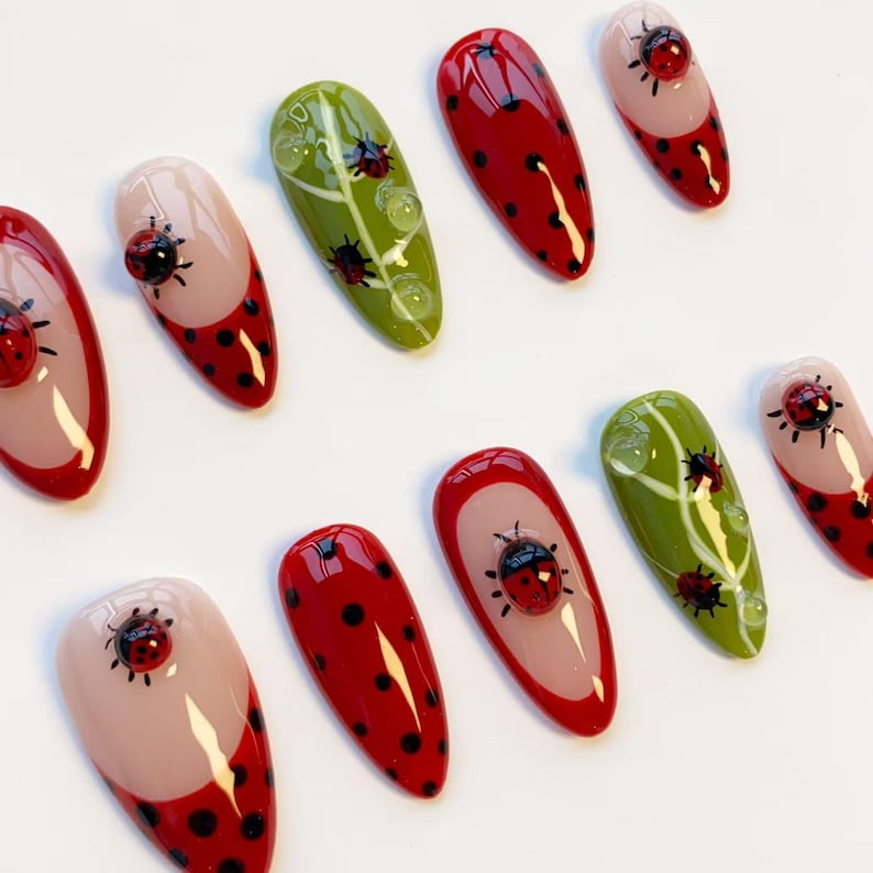 Cute ladybug nails/press on nails long almond nails/Kawaii nails/Black polka dot nails/Red French nails/Leaf nails/daily nails/custom nails