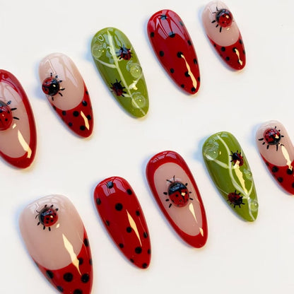 Cute ladybug nails/press on nails long almond nails/Kawaii nails/Black polka dot nails/Red French nails/Leaf nails/daily nails/custom nails