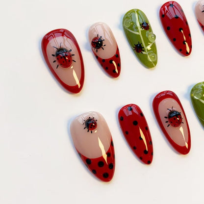 Cute ladybug nails/press on nails long almond nails/Kawaii nails/Black polka dot nails/Red French nails/Leaf nails/daily nails/custom nails