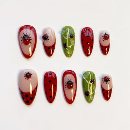 Cute ladybug nails/press on nails long almond nails/Kawaii nails/Black polka dot nails/Red French nails/Leaf nails/daily nails/custom nails