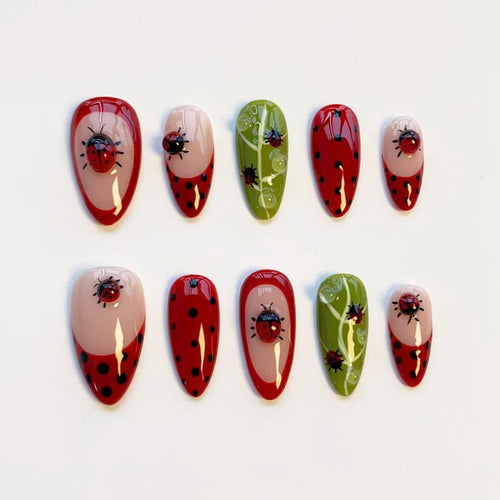 Cute ladybug nails/press on nails long almond nails/Kawaii nails/Black polka dot nails/Red French nails/Leaf nails/daily nails/custom nails