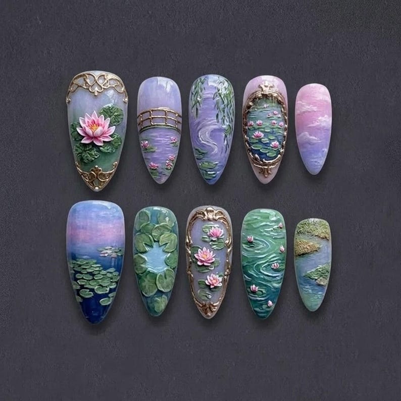 Handmade Monet Water Lilies Press On Nails | Luxury 3D Impressionist Pond & Bridge Art | Fine Art Aesthetic - Romantic Pastel Garden Nails