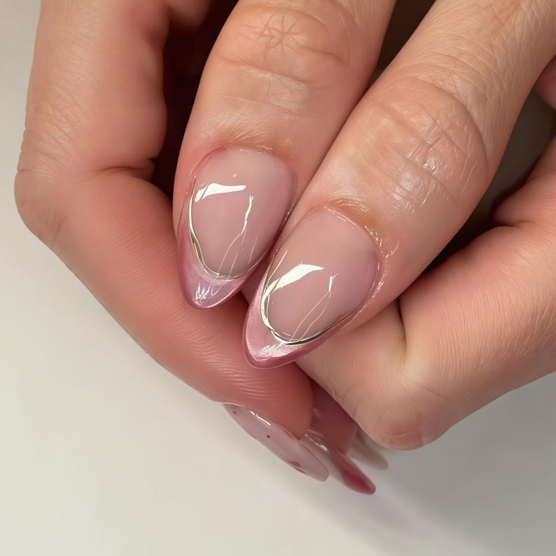 Custom Press on Nails Sheer Pink Floral Gold Branch Nails   Delicate Spring Style - Reusable Glue On Tips