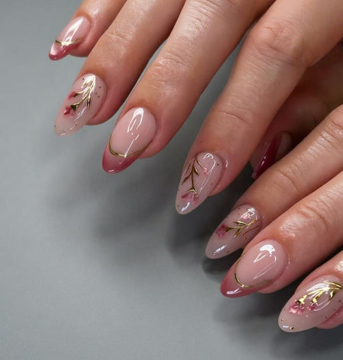 Custom Press on Nails Sheer Pink Floral Gold Branch Nails   Delicate Spring Style - Reusable Glue On Tips