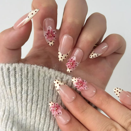 Handmade Polka Dots 3D flowers Press On Nails Flower Nails Pink Floral Nails  Almond nails