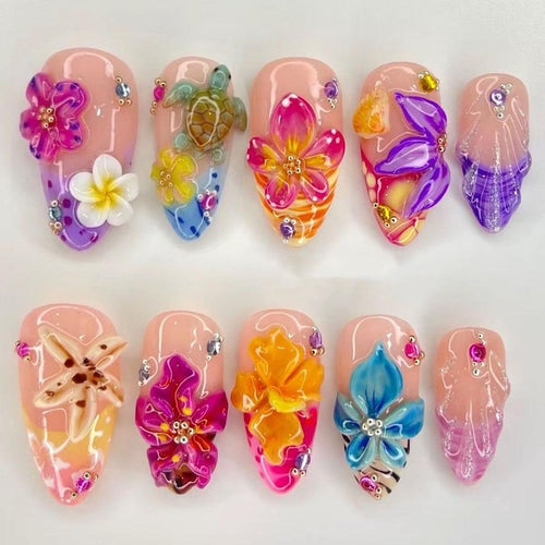 Handmade 3D Tropical Flower Nails / Summer Beach Nails / Hibiscus Plumeria Design / Glossy Gel Press On Nails / Luxury Nail Art