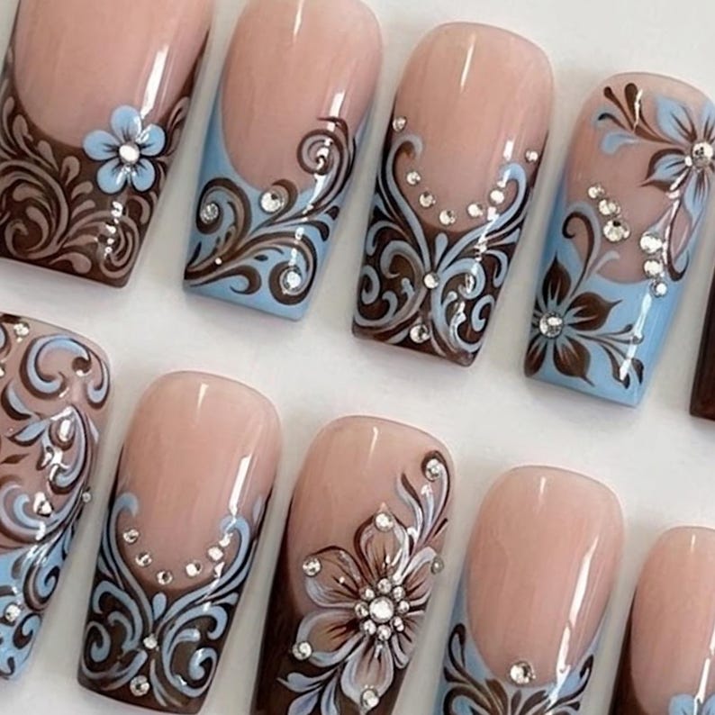 Handmade Press On Nails | Blue Floral French Art | Elegant Swirl & Rhinestone Set