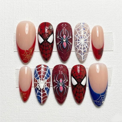 Spider-Man Press On Nails | 3D Sculpted Spider Charm, Hand-painted Web Design