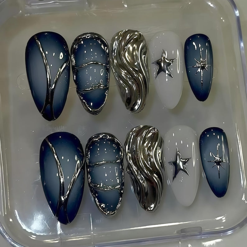 Custom Press on Nail Dark Blue Silver Nails, Metallic Swirl, 3D Star Charms,Matte Finish,Edgy Gothic Style, Long Almond, Reusable Fake Nails