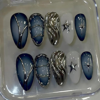 Custom Press on Nail Dark Blue Silver Nails, Metallic Swirl, 3D Star Charms,Matte Finish,Edgy Gothic Style, Long Almond, Reusable Fake Nails