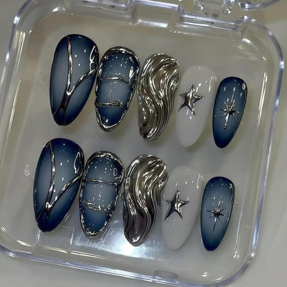Custom Press on Nail Dark Blue Silver Nails, Metallic Swirl, 3D Star Charms,Matte Finish,Edgy Gothic Style, Long Almond, Reusable Fake Nails