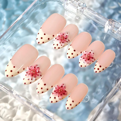 Handmade Polka Dots 3D flowers Press On Nails Flower Nails Pink Floral Nails  Almond nails