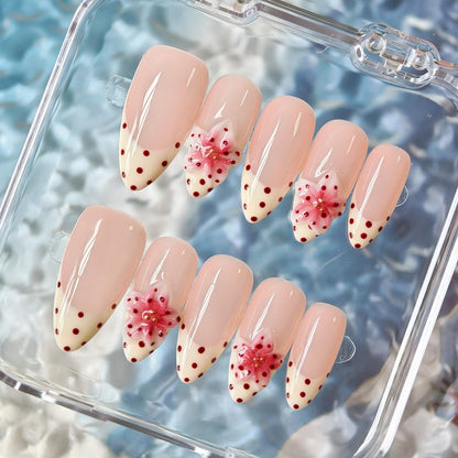 Handmade Polka Dots 3D flowers Press On Nails Flower Nails Pink Floral Nails  Almond nails