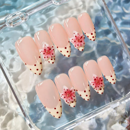 Handmade Polka Dots 3D flowers Press On Nails Flower Nails Pink Floral Nails  Almond nails