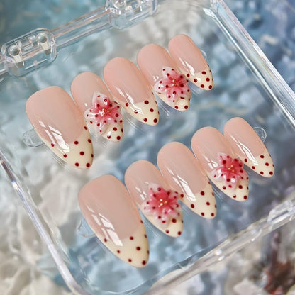Handmade Polka Dots 3D flowers Press On Nails Flower Nails Pink Floral Nails  Almond nails