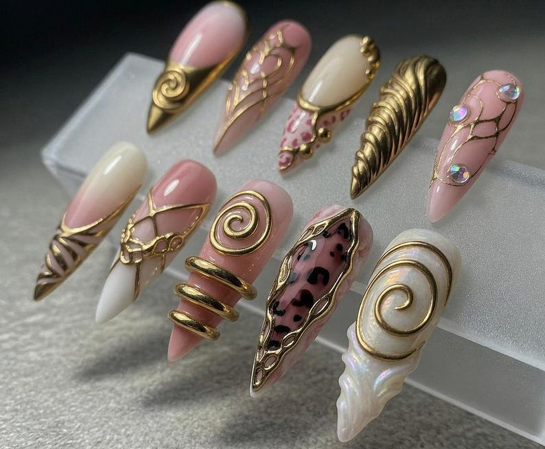 Pink Gold Chrome Press On Nails | 3D Heart Leopard Swirl Nail Art | Long Stiletto Almond Luxury Fake Nails Handmade