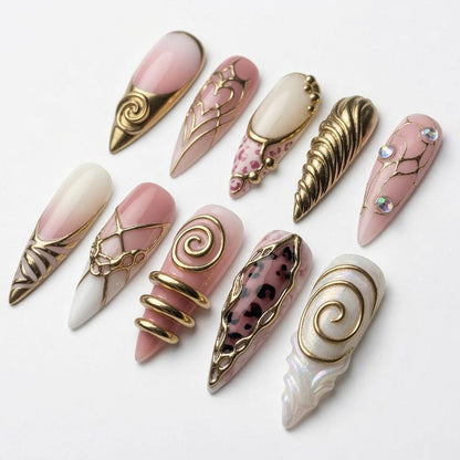 Pink Gold Chrome Press On Nails | 3D Heart Leopard Swirl Nail Art | Long Stiletto Almond Luxury Fake Nails Handmade
