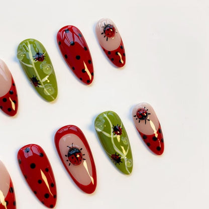 Cute ladybug nails/press on nails long almond nails/Kawaii nails/Black polka dot nails/Red French nails/Leaf nails/daily nails/custom nails
