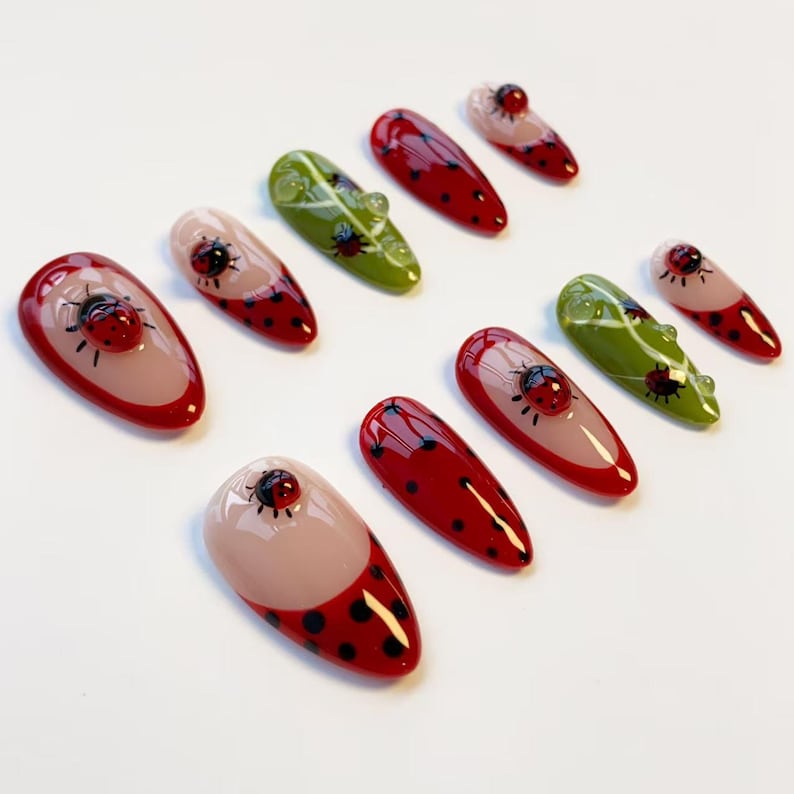 Cute ladybug nails/press on nails long almond nails/Kawaii nails/Black polka dot nails/Red French nails/Leaf nails/daily nails/custom nails