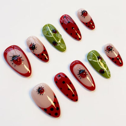 Cute ladybug nails/press on nails long almond nails/Kawaii nails/Black polka dot nails/Red French nails/Leaf nails/daily nails/custom nails