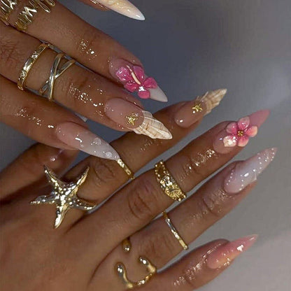 Faux ongles d'été ambiance tropicale, faux ongles inspirés des îles, ongles ombrés roses, ongles roses fleuris 3D, faux ongles de plage faits à la main