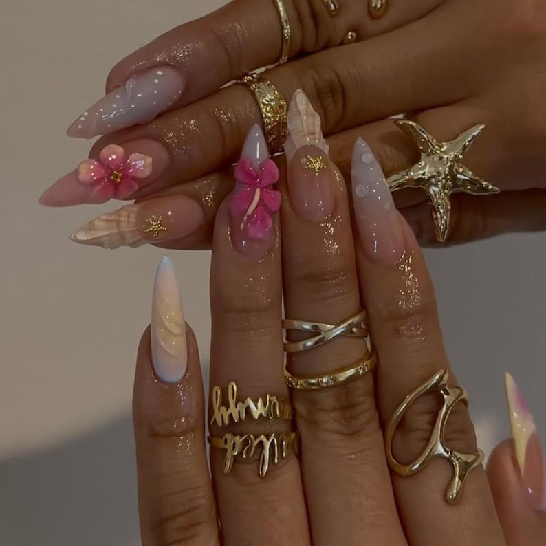 Summer Tropical Vibes Press On Nails, Island-Inspired Press On Nails, Pink Ombré Nails, 3D floral pink nails,Handmade Beach Press On Nails