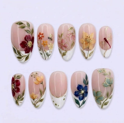 Hand-painted Floral Bee Dragonfly Nails, Botanical French Tip Art, Golden Garden Press-Ons