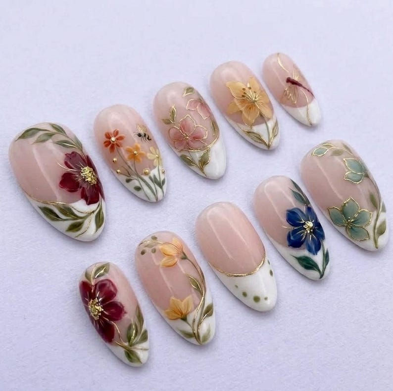 Hand-painted Floral Bee Dragonfly Nails, Botanical French Tip Art, Golden Garden Press-Ons