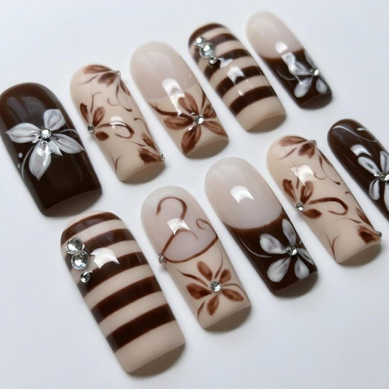 Espresso Brown Cream Floral Press-On Nails, 3D Flower Striped Set with Rhinestones