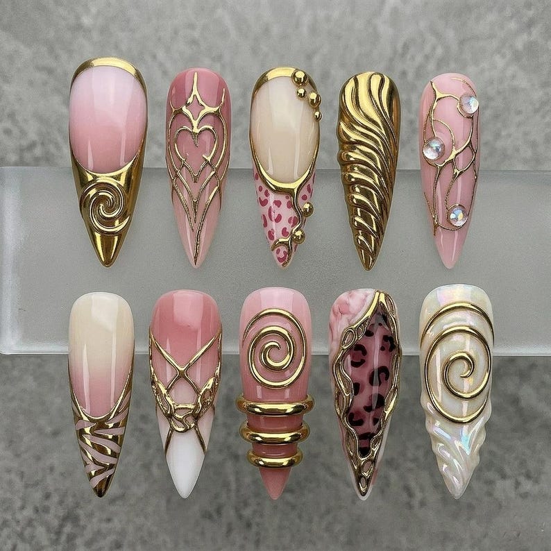 Pink Gold Chrome Press On Nails | 3D Heart Leopard Swirl Nail Art | Long Stiletto Almond Luxury Fake Nails Handmade