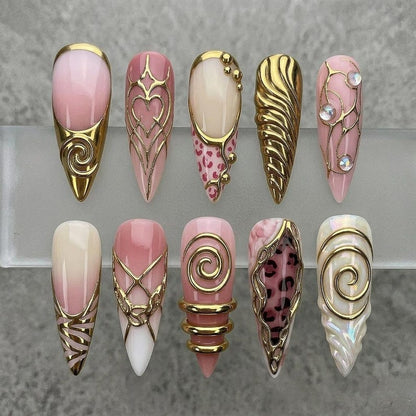 Pink Gold Chrome Press On Nails | 3D Heart Leopard Swirl Nail Art | Long Stiletto Almond Luxury Fake Nails Handmade