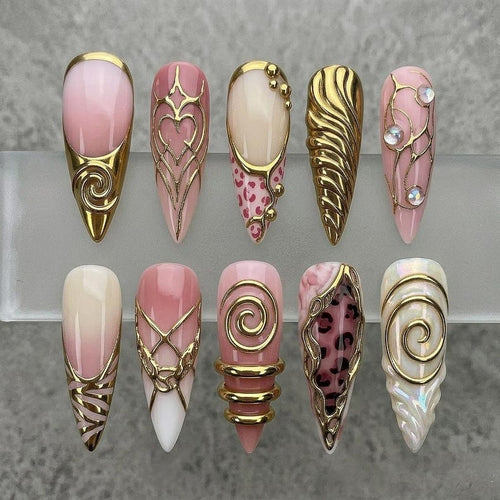 Pink Gold Chrome Press On Nails | 3D Heart Leopard Swirl Nail Art | Long Stiletto Almond Luxury Fake Nails Handmade