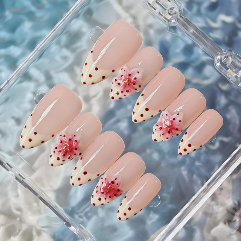 Handmade Polka Dots 3D flowers Press On Nails Flower Nails Pink Floral Nails  Almond nails