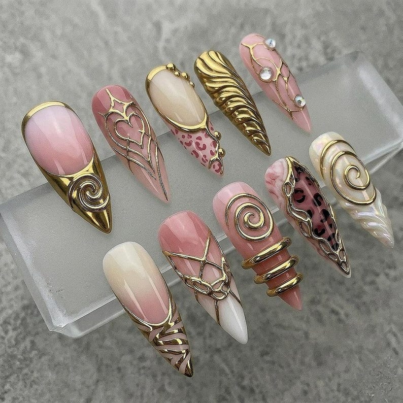 Pink Gold Chrome Press On Nails | 3D Heart Leopard Swirl Nail Art | Long Stiletto Almond Luxury Fake Nails Handmade