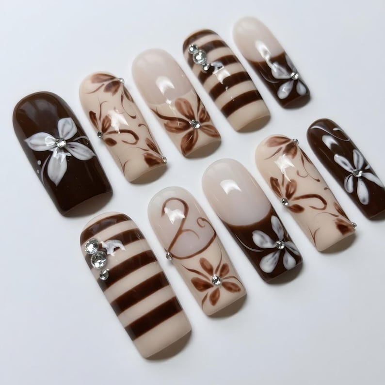 Espresso Brown Cream Floral Press-On Nails, 3D Flower Striped Set with Rhinestones