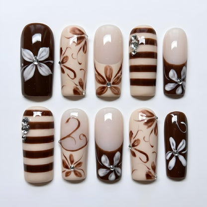 Espresso Brown Cream Floral Press-On Nails, 3D Flower Striped Set with Rhinestones