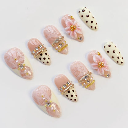 White lace nails/Yellow press on nails long almond nails/Elegant nails/3D Gel Nails/Gold Chrome Nails/bangle nails/Summer Birthday nails