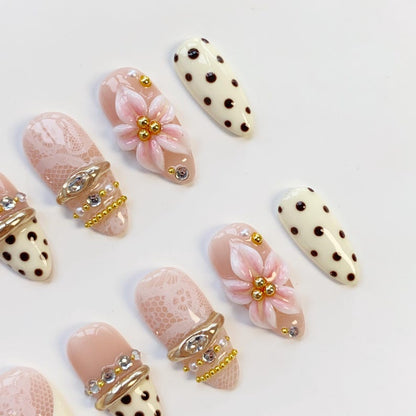 White lace nails/Yellow press on nails long almond nails/Elegant nails/3D Gel Nails/Gold Chrome Nails/bangle nails/Summer Birthday nails